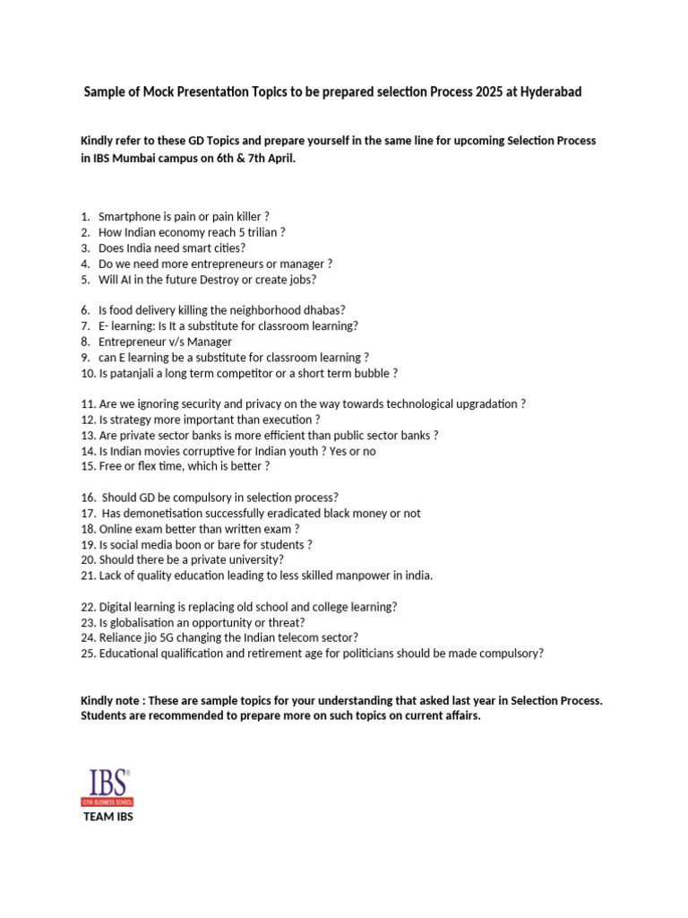 Mock Presentation Topics for 2025 Selection | PDF
