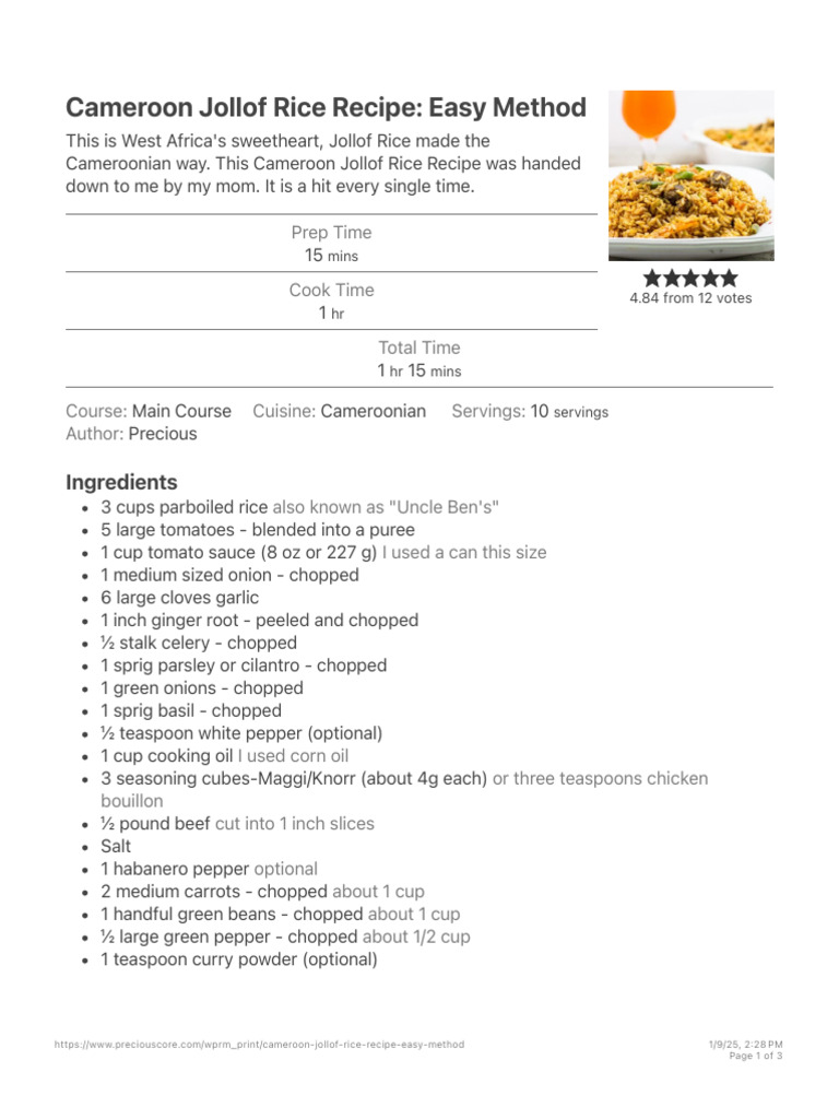 Easy Cameroon Jollof Rice Recipe | PDF | Fat | Foods