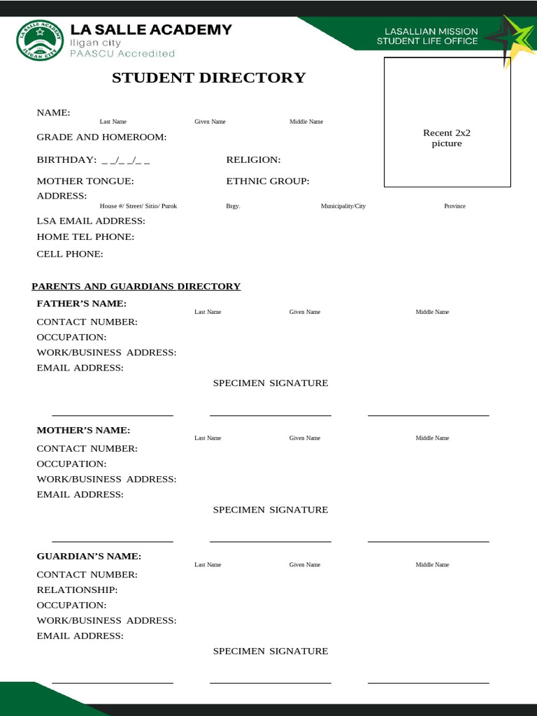 Student and Family Directory Template | PDF