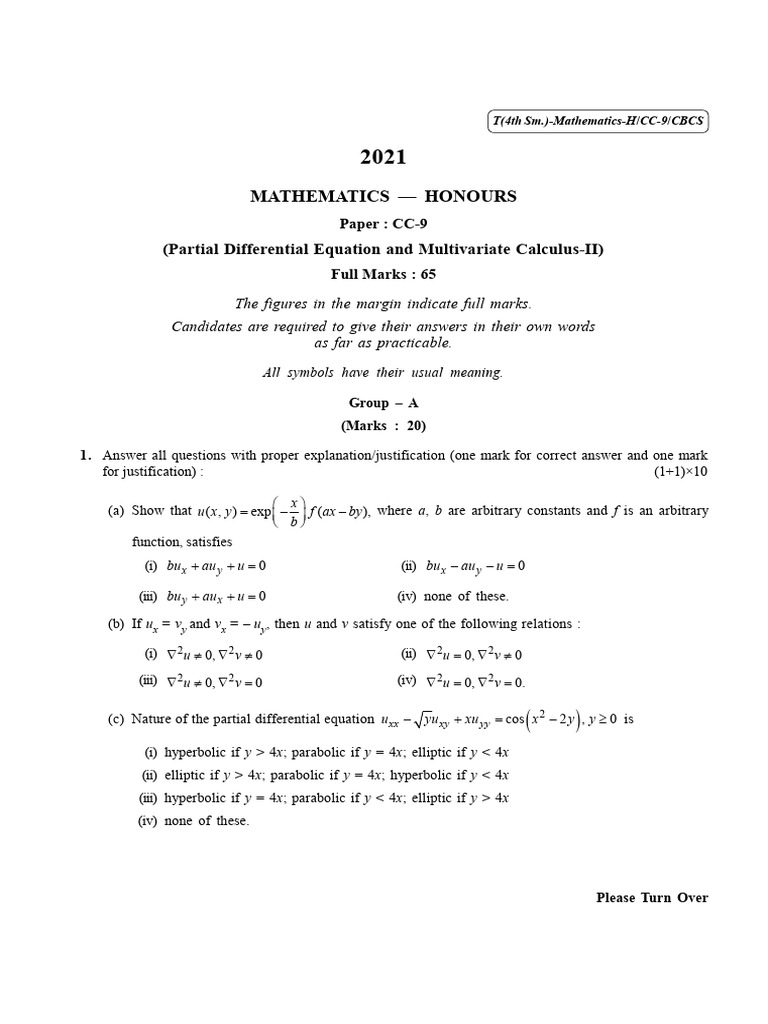 CU-2021 B.Sc. (Honours) Mathematics Semester-IV Paper-CC-9 QP | PDF ...