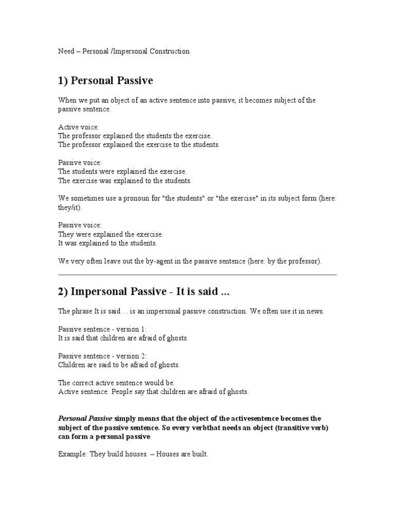 Personal Impersonal Passive Rule Verb Subject Grammar 