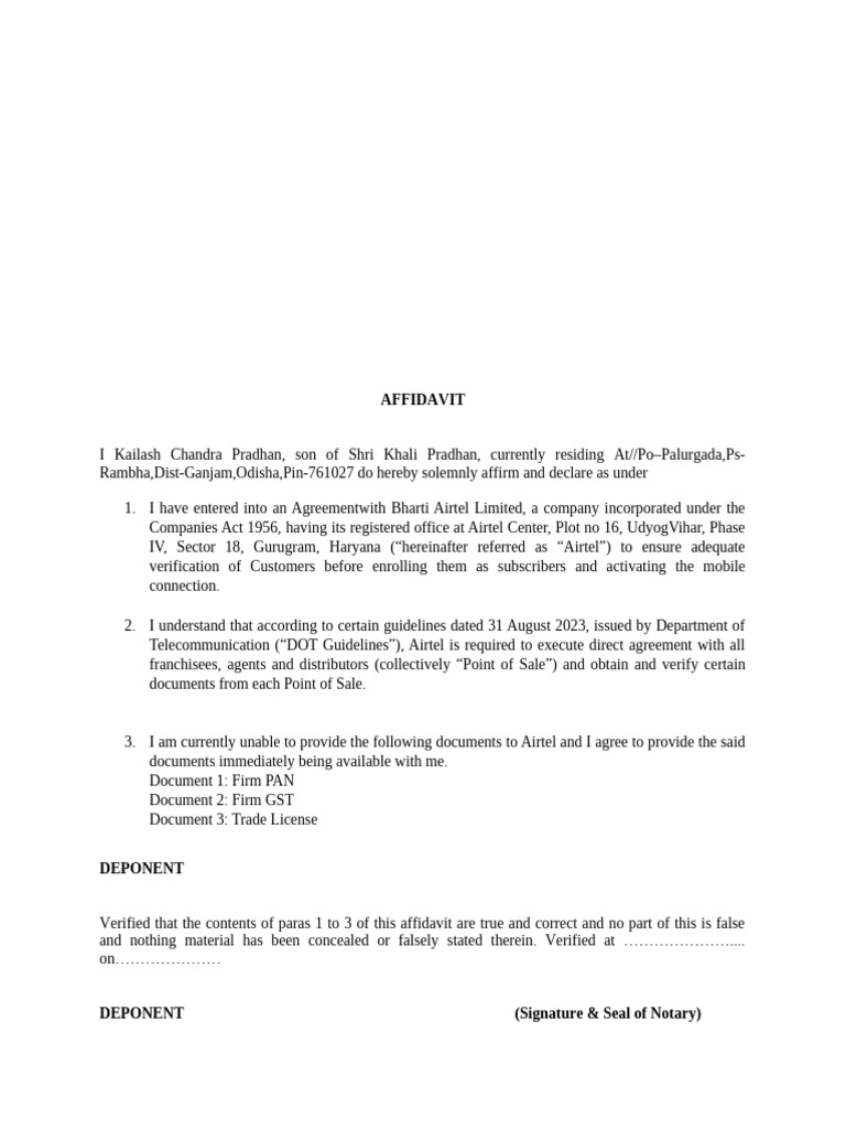 Airtel Retailer Affidavit Format | PDF