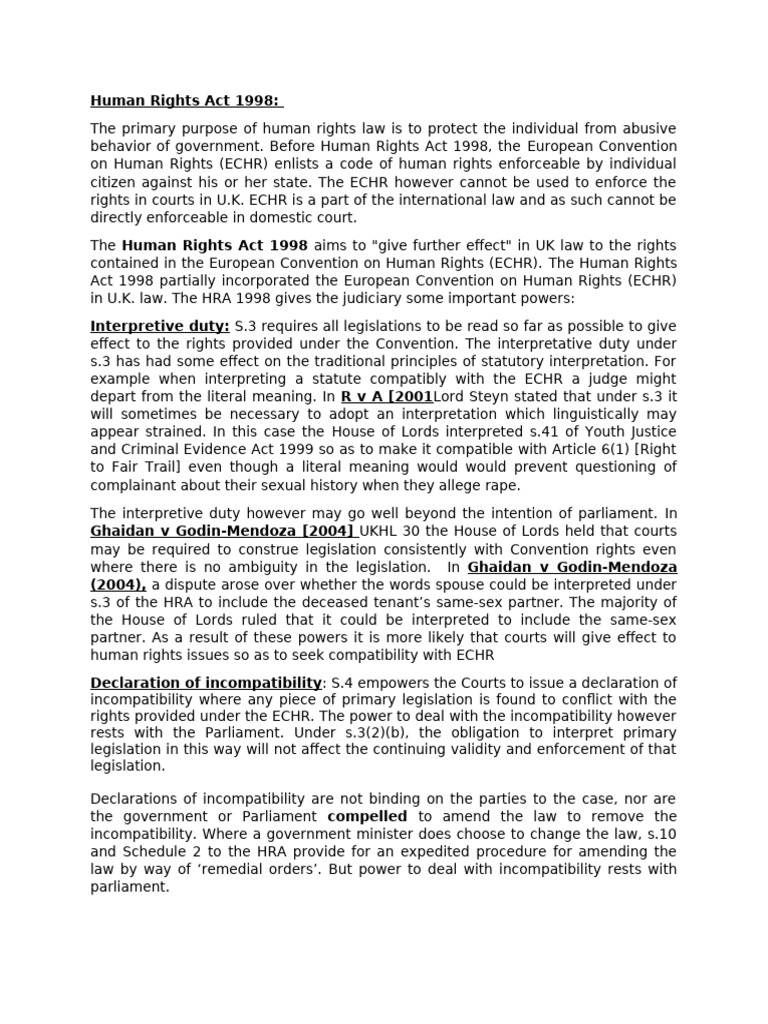 Human Rights Act 1998 | PDF | European Convention On Human Rights | Justice