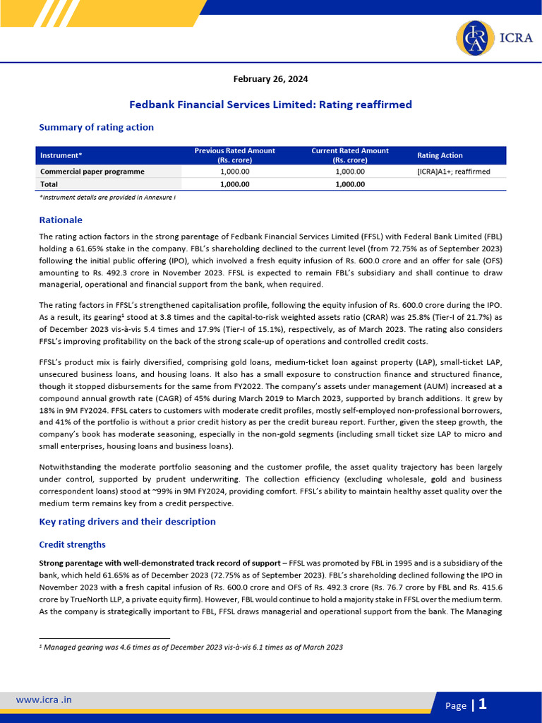 Fedbank Financial Services Rating Reaffirmed | PDF | Loans | Financial ...