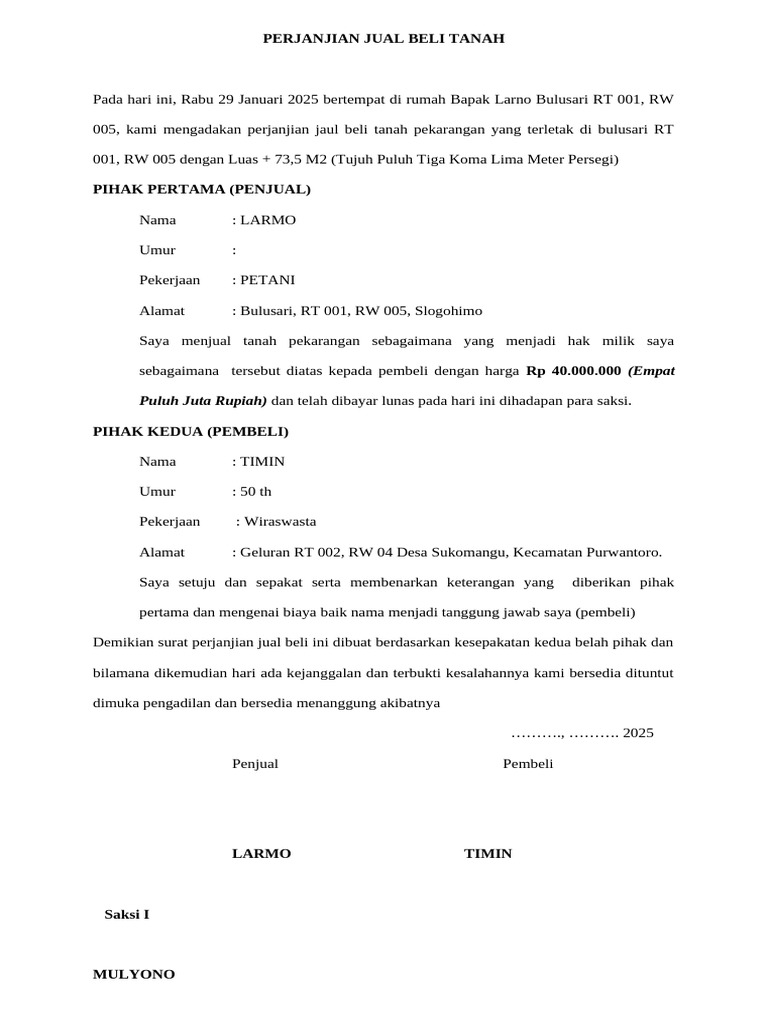 Perjanjian Jual Beli Tanah | PDF