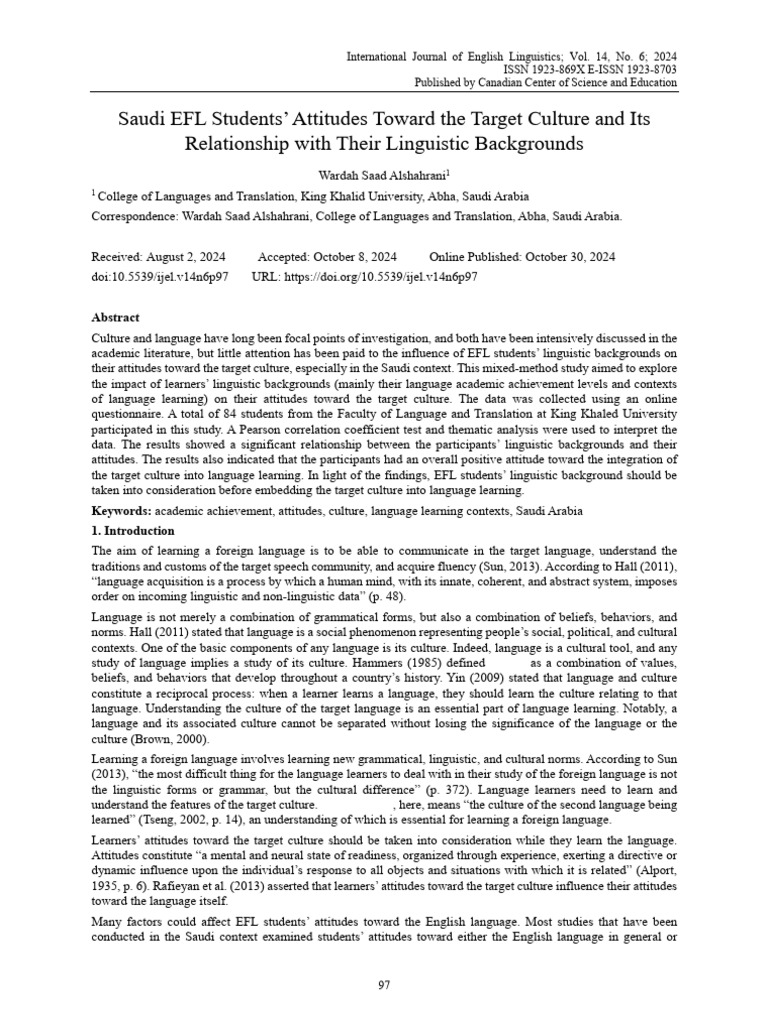 Saudi EFL Students Attitudes Toward The Target Cu | PDF | Second ...