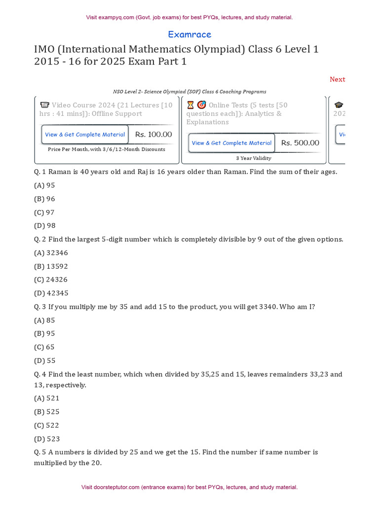 IMO Class 6 Level 1 Exam Questions | PDF | Ratio | Area