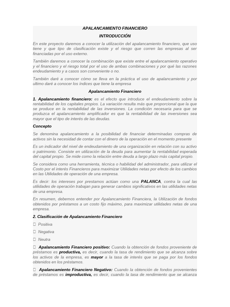 Apalancamiento Financiero: Riesgos y Clases | PDF | Apalancamiento ...