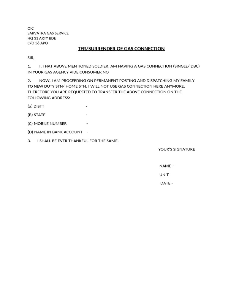 Tfr/Surrender of Gas Connection: OIC Sarvatra Gas Service HQ 31 Arty ...