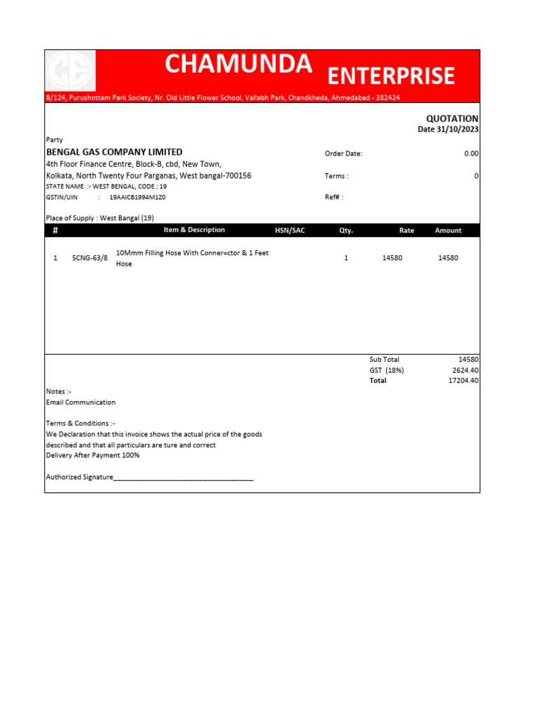 Bengal Gas Company Quotation Invoice | PDF