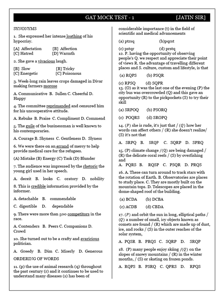 Gat Mock Test - 1 | PDF | Acceleration | Spacetime
