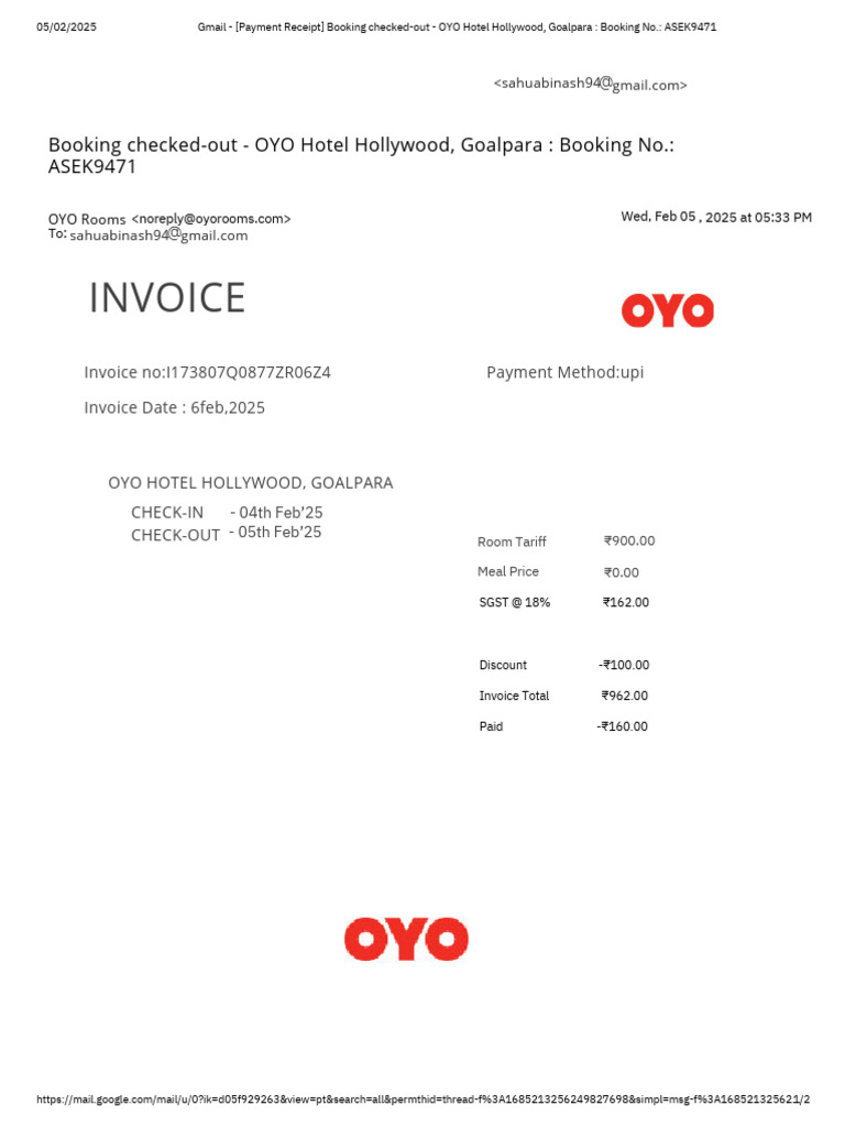 OYO Hotel Hollywood Goalpara Invoice | PDF