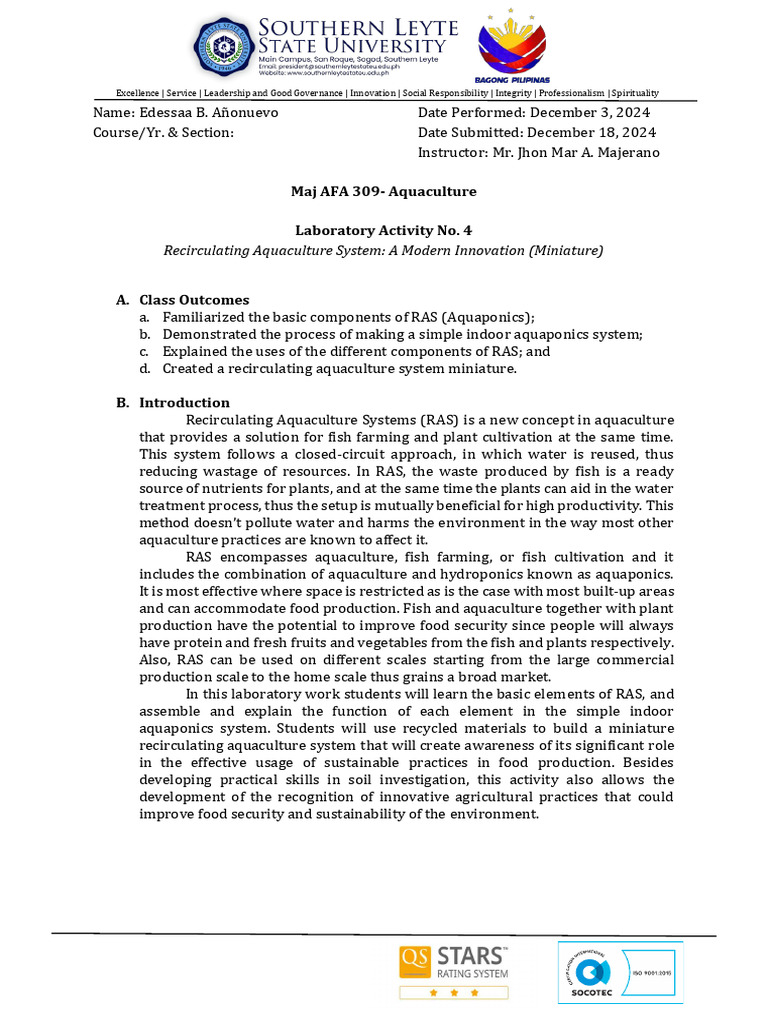 Maj 309 Lab Activity No. 4 | PDF | Aquaponics | Natural Environment