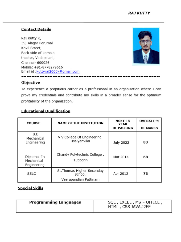 Raj Kutty - Mechanical Engineer Resume | PDF