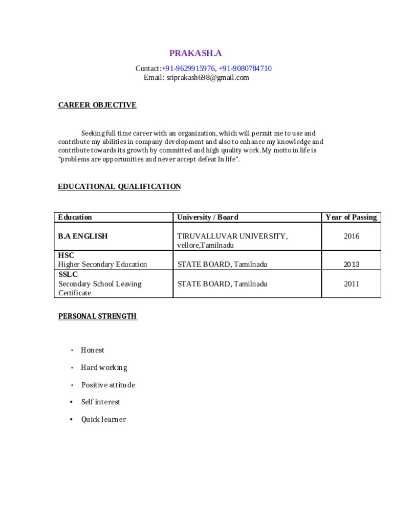 Prakash A: Resume and Career Objective | PDF