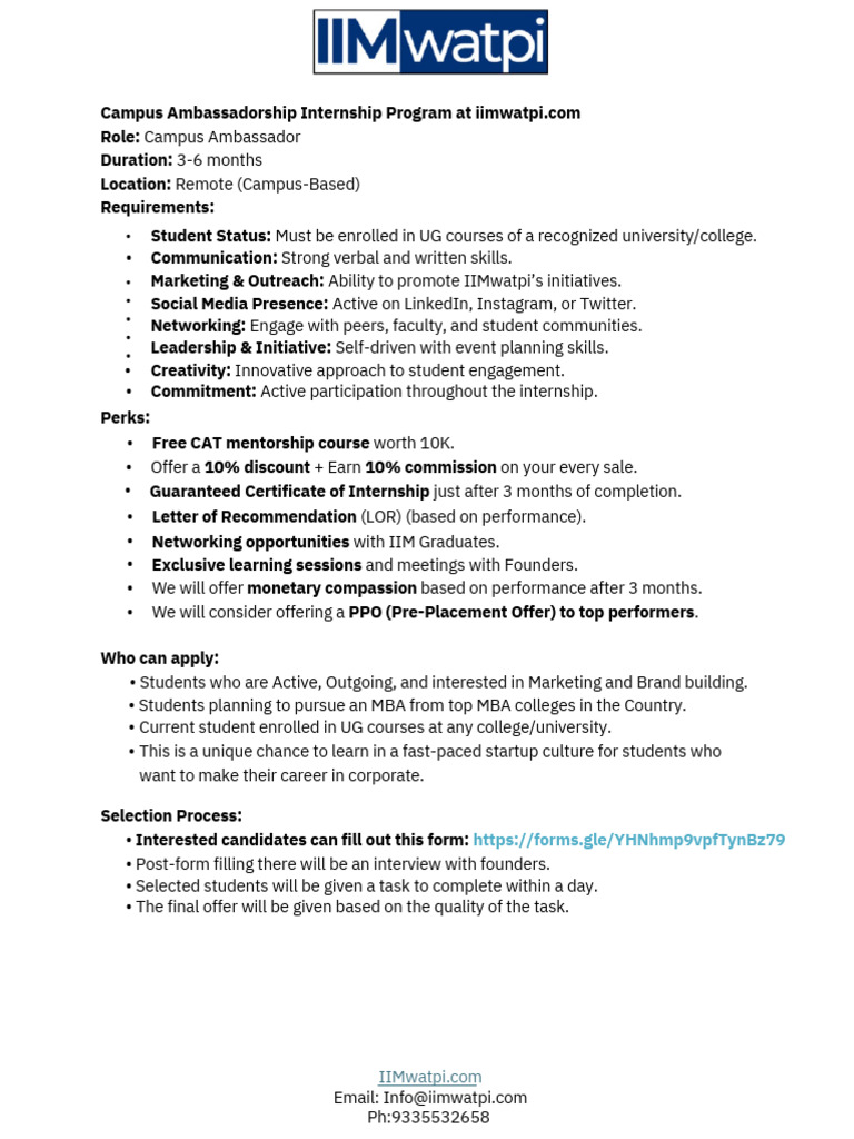 Campus Ambassador Internship for UG Students | PDF