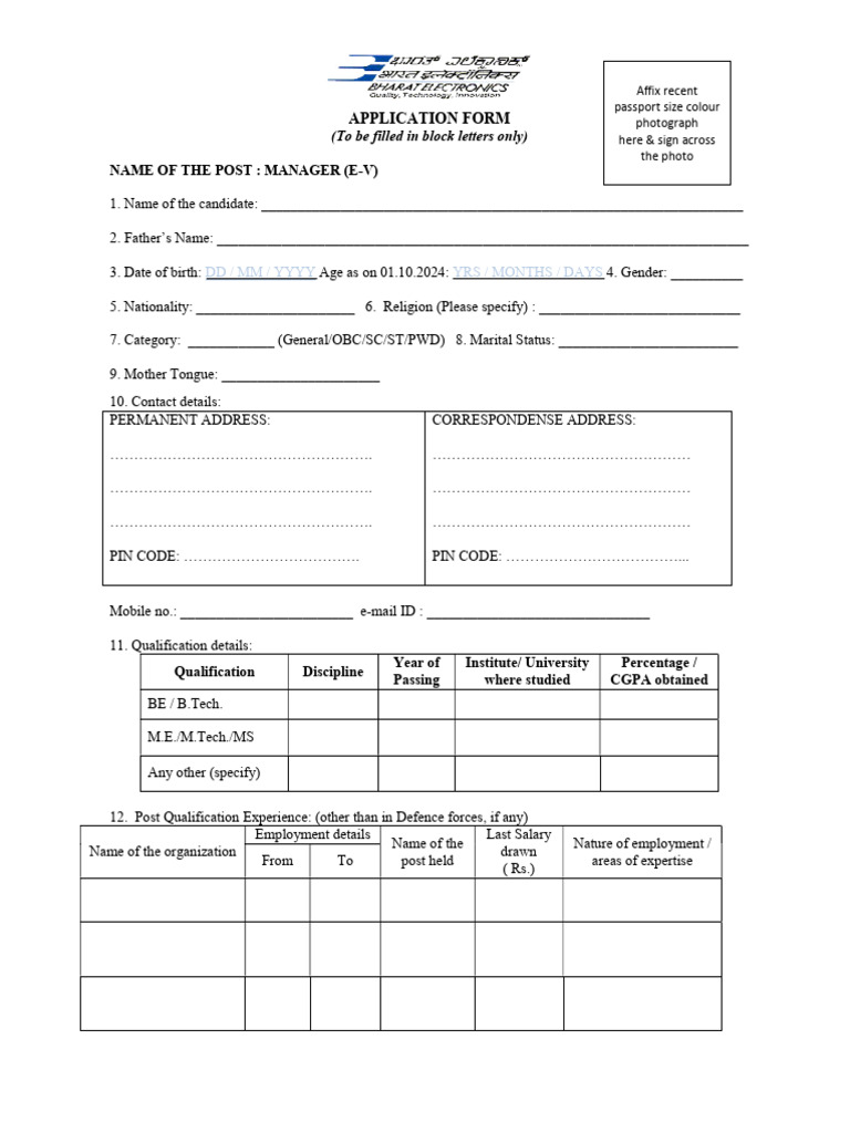 Manager (E-V) Application Form | PDF