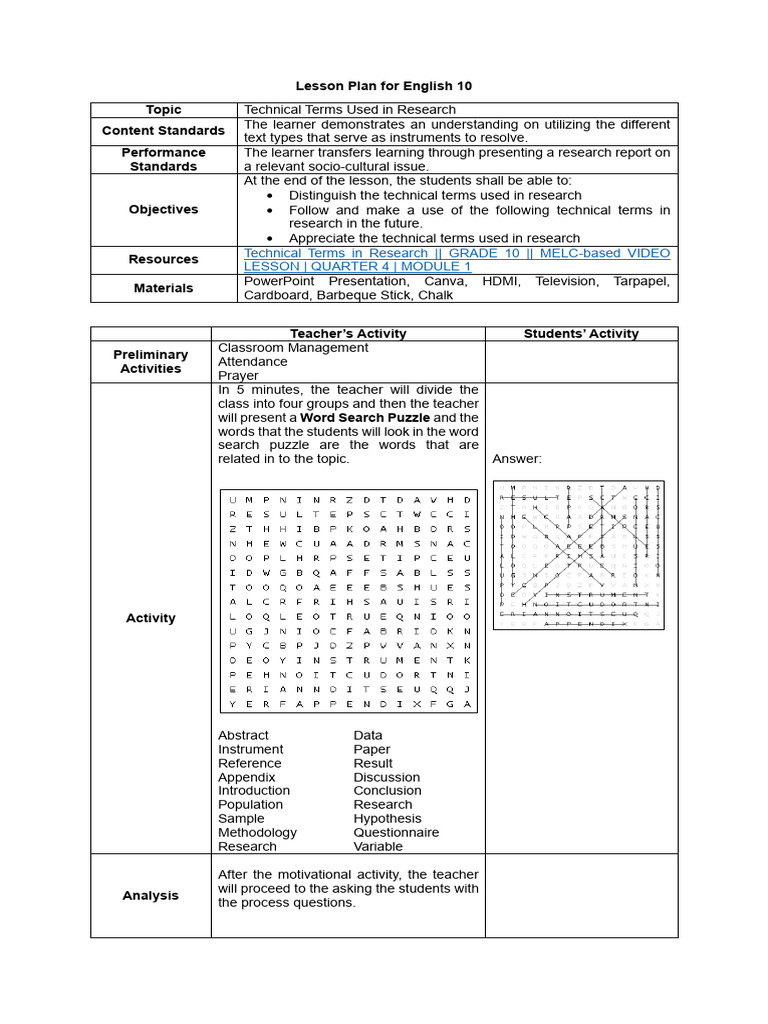 Technical Terms in Research Lesson | PDF | Methodology | Learning