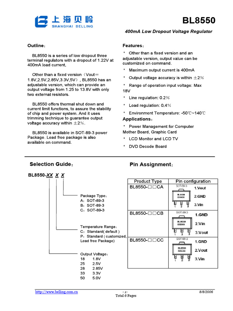 BL8550 Low Dropout Regulator Guide | PDF