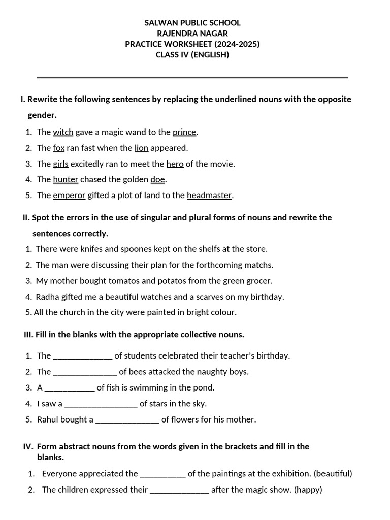 Class IV English Practice Worksheet | PDF | Noun | Linguistic Typology