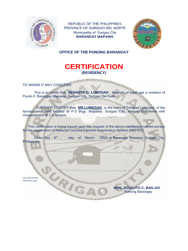 Barangay Certification for NCFRS Registration | PDF
