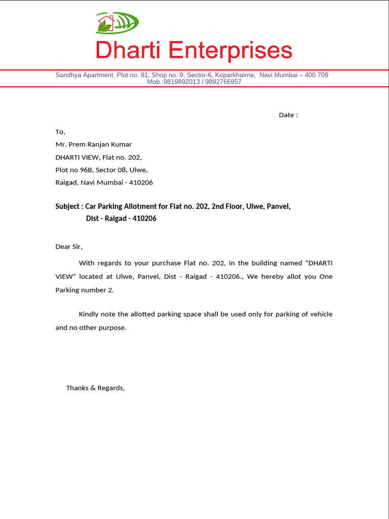 Car Parking Allotment for Flat 202, Ulwe | PDF