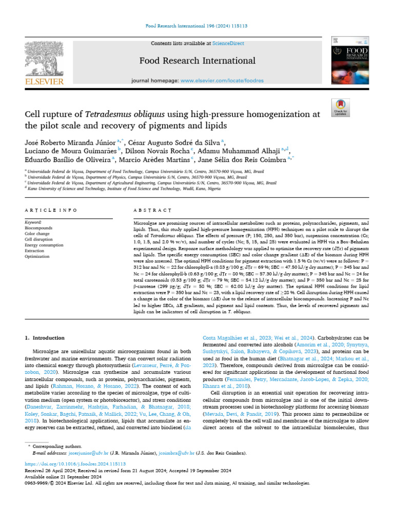 Cell rupture of Tetradesmus obliquus using high-pressure homogenization ...