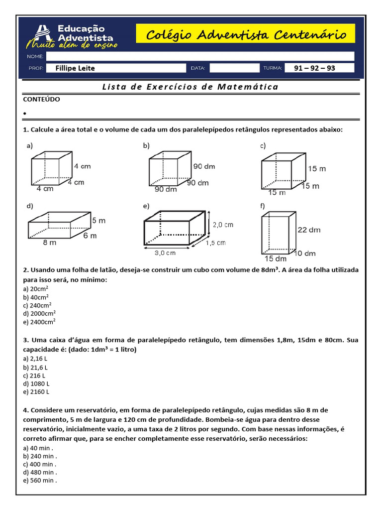 Exercícios de Volume: Cubo e Paralelepípedo | PDF