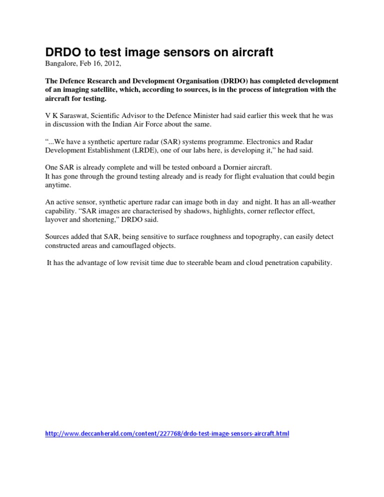 DRDO To Test Image Sensors On Aircraft | PDF | Technology & Engineering