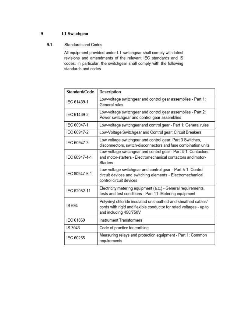 LT Switchgear Standards and Specifications | PDF | Components | Equipment