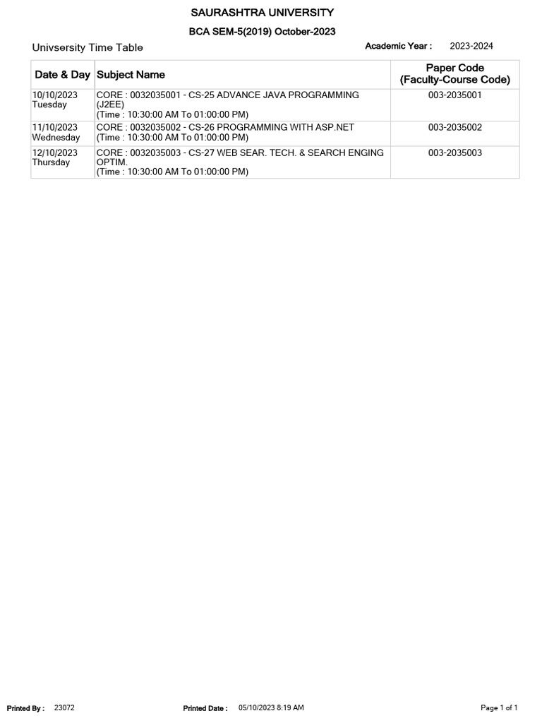 Saurashtra University BCA Sem 5 Exam Timetable | PDF