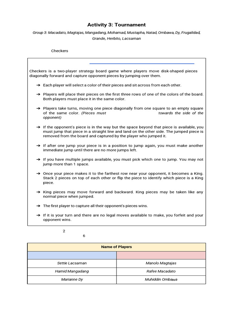 Activity 3. Tournament | PDF | Abstract Strategy Games | Board Games