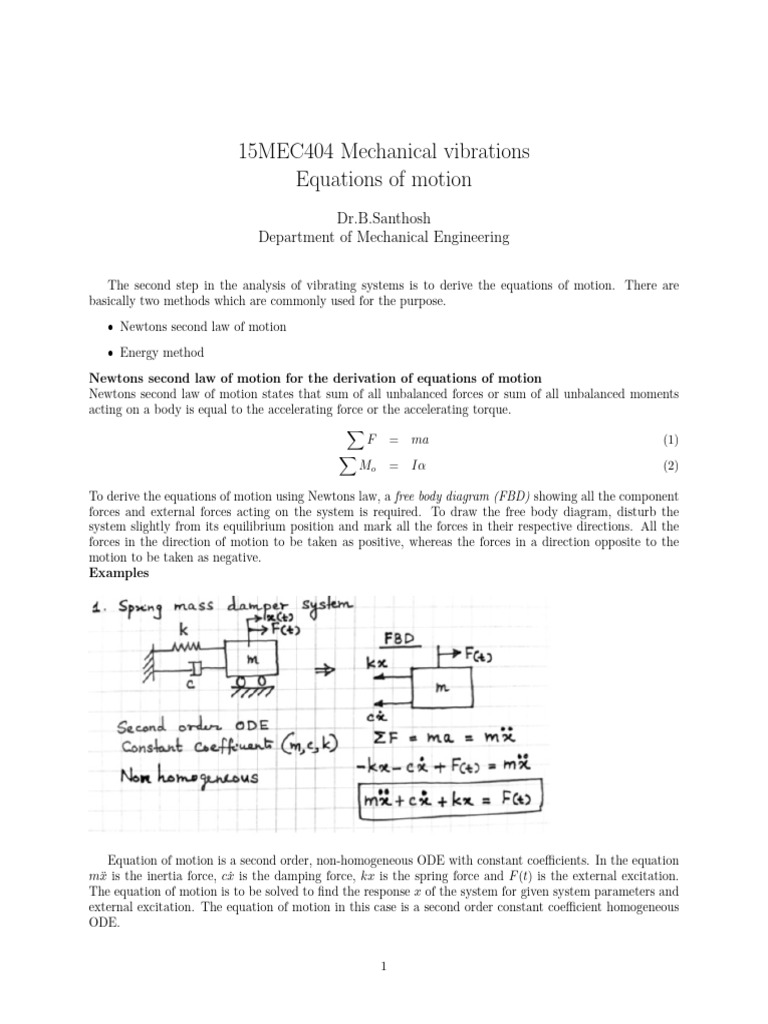 Equations of Motion in Mechanical Vibrations | PDF | Force | Equations ...