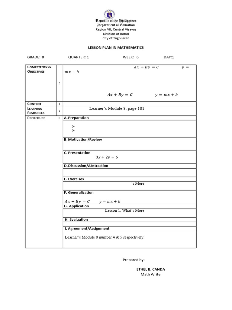 Grade 8 Mathematics Lesson Plan: Linear Equations | PDF | Equations ...