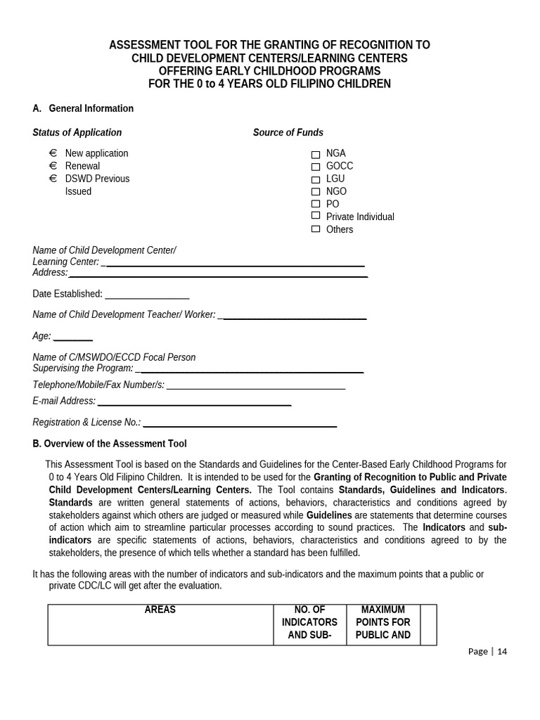 Assessment Tool for Child Development Centers | PDF | Sanitation ...