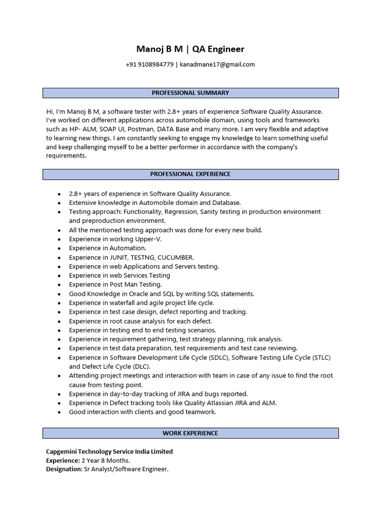 QA Engineer Resume - Manoj B M | PDF | Software Testing | Software ...