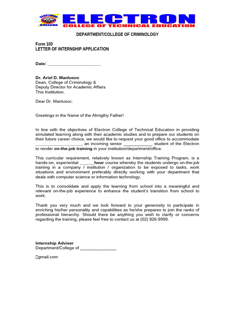 Form 3 - Letter of Internship Application | PDF