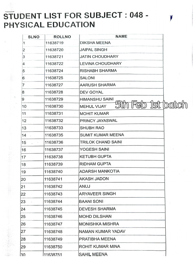 5th Feb 1 & 2 Batch Students Phe Practical | PDF