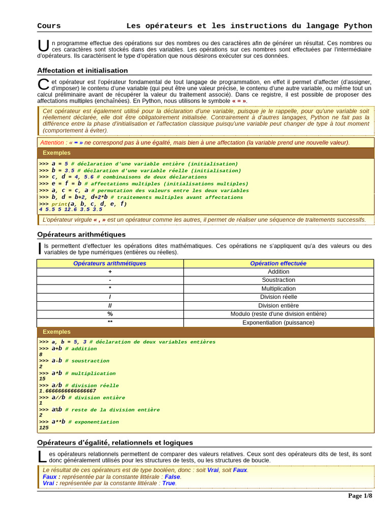 Opérateurs et instructions en Python | PDF | Variable (informatique ...