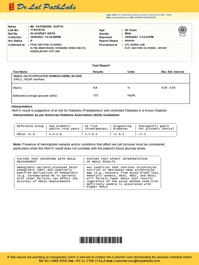 HbA1c and CRP Test Results Report | PDF | Glycated Hemoglobin | Prediabetes