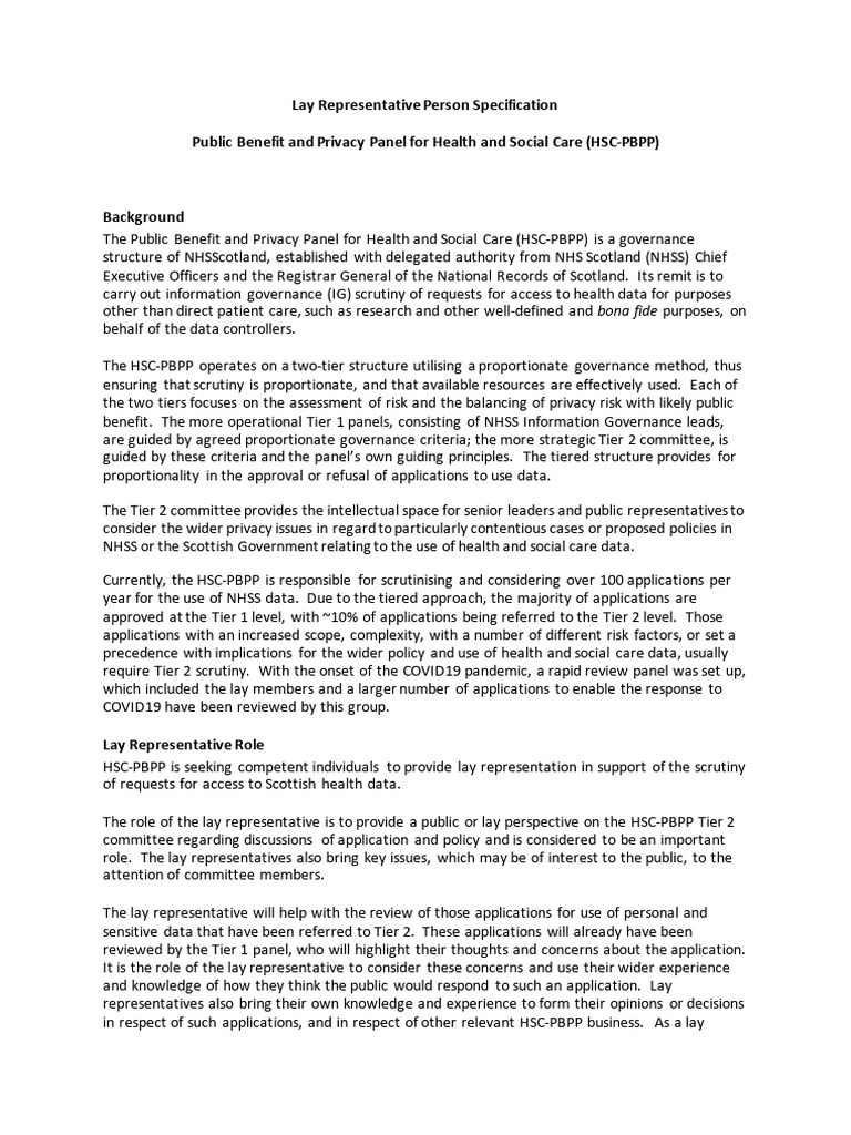 HSC PBPP Lay Rep Person Spec Jun 2021 | PDF | Data | Governance