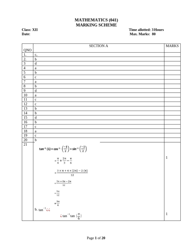Class XII Mathematics Marking Scheme | PDF | Mathematical Concepts ...