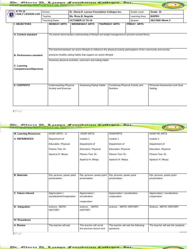 Grade 10 MAPEH Daily Lesson Log | PDF | Diet (Nutrition) | Diet & Nutrition