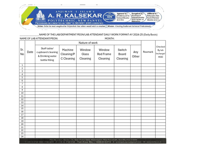 Lab Attendant Daily Work Log AY 2024-25 | PDF