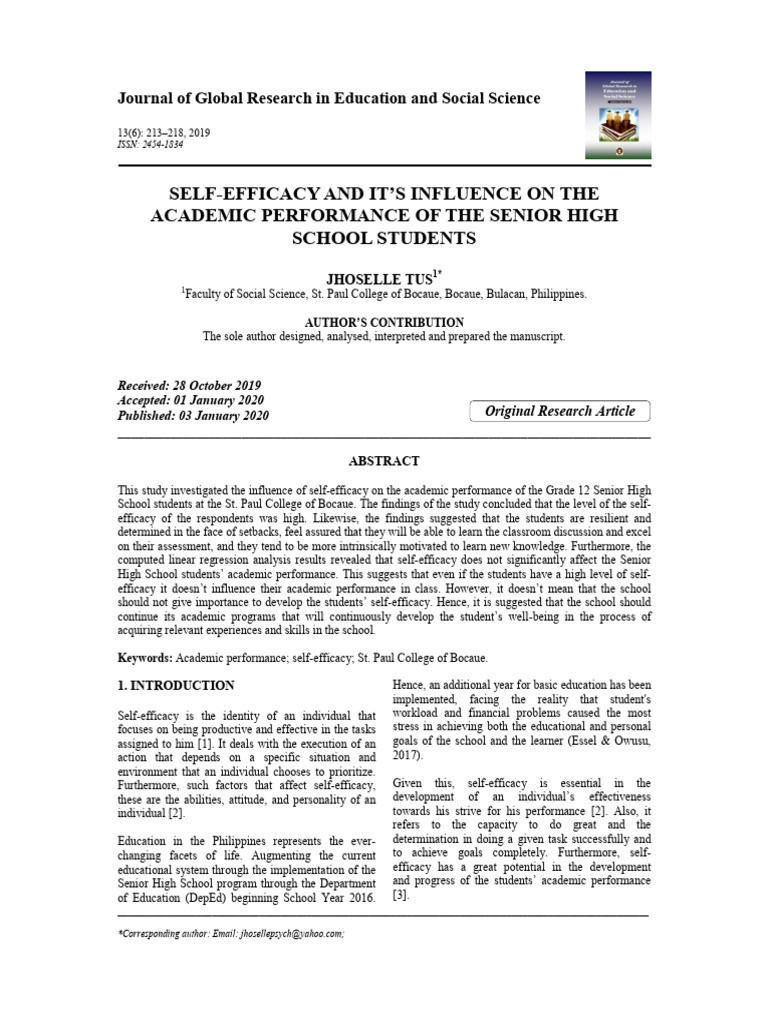 SELF_EFFICACY_AND_ITS_INFLUENCE_ON_THE_A | PDF | Self Efficacy | Cognition