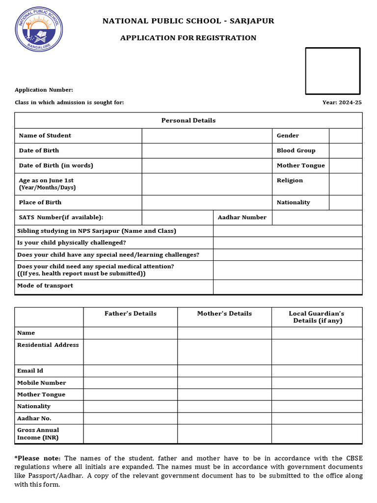 NPS Sarjapur Admission Registration Form | PDF
