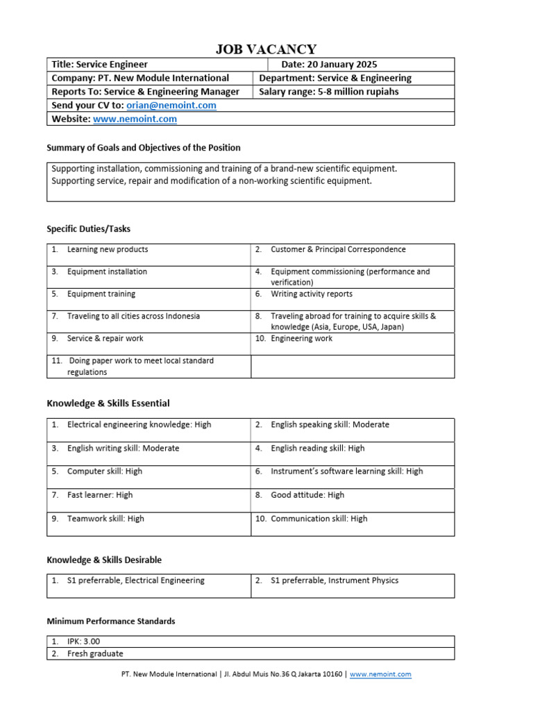 Job Vanacy Service Engineer | PDF