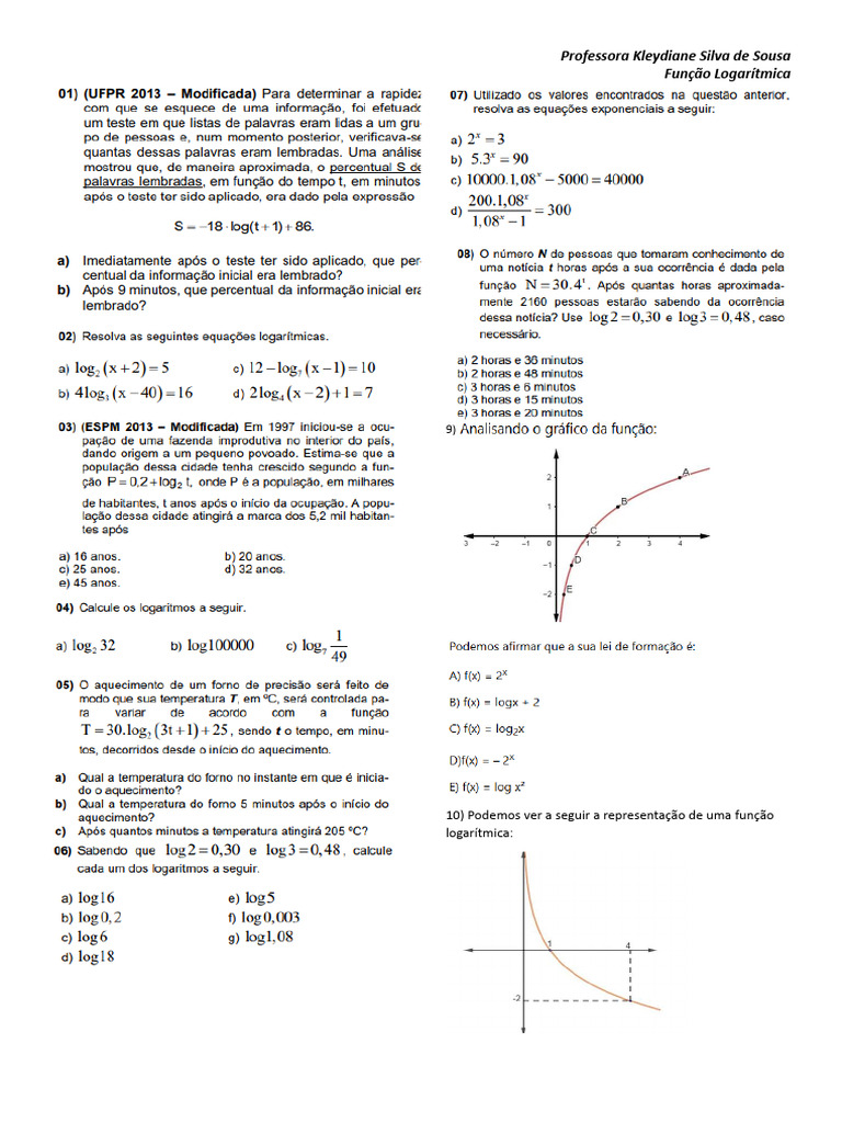 Exercícios Função Logarítmica | PDF