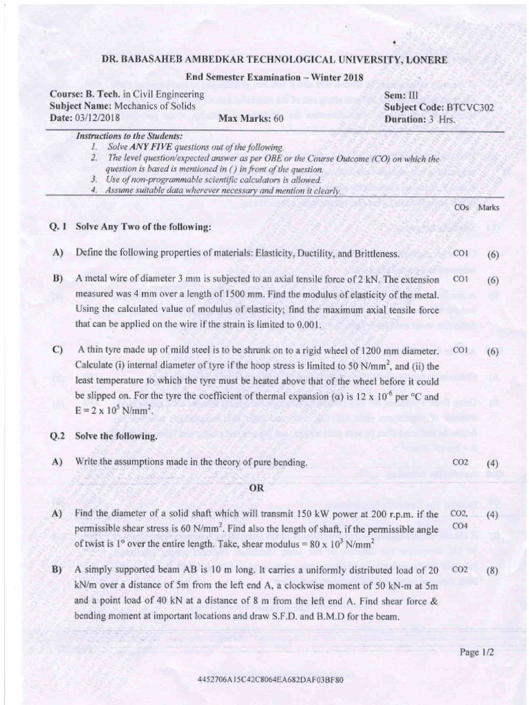 Mechanics of Solids Exam - Winter 2018 | PDF | Stress (Mechanics ...