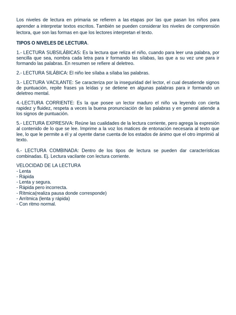 Niveles y etapas de lectura en primaria | PDF | Escritura | Sílaba